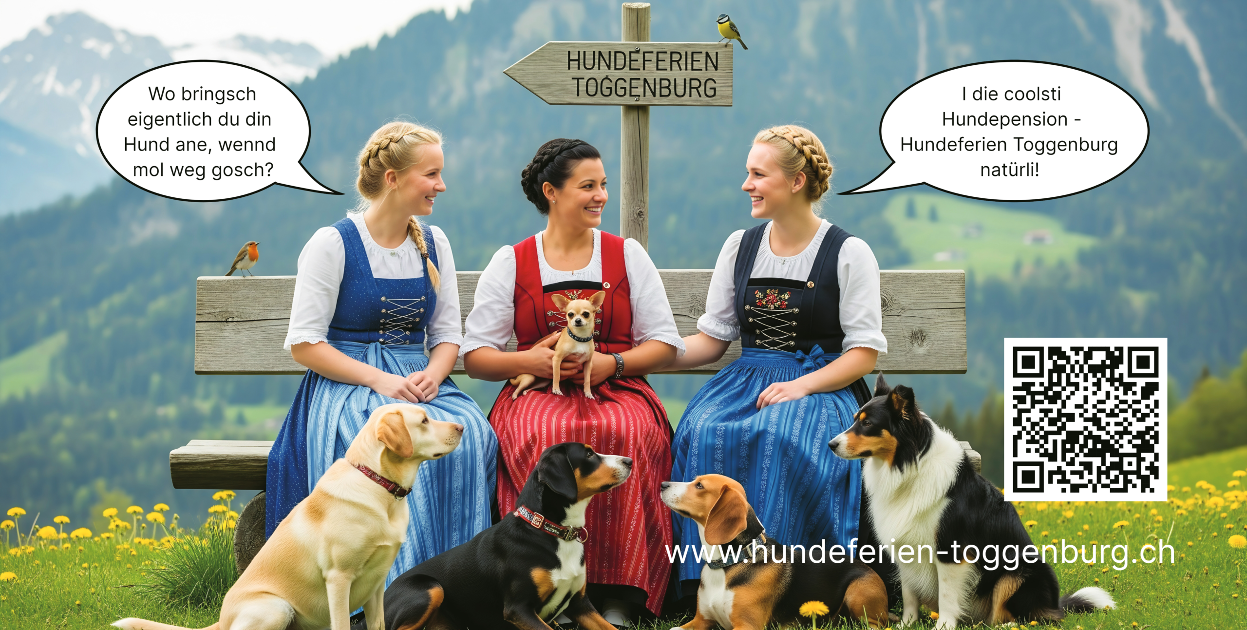 Bild mit 3 Frauen in den Alpen mit Hunden